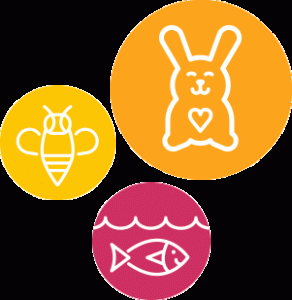 three circles, bee on yellow, bear on orange, fish on red